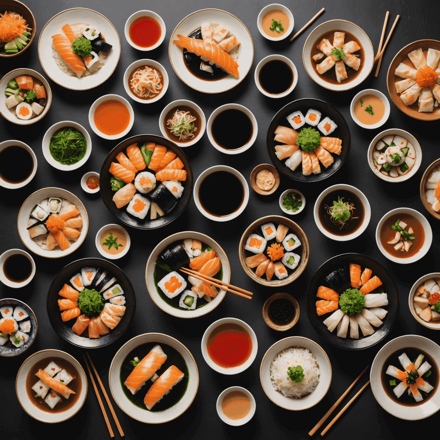 Colorful and appetizing display of senior-friendly Japanese dishes, including sushi, miso soup, and grilled fish